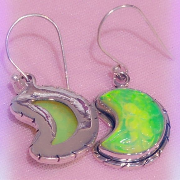 Carved Neon Opal Sterling Silver Gemstone Earrings - Picture 3 of 4